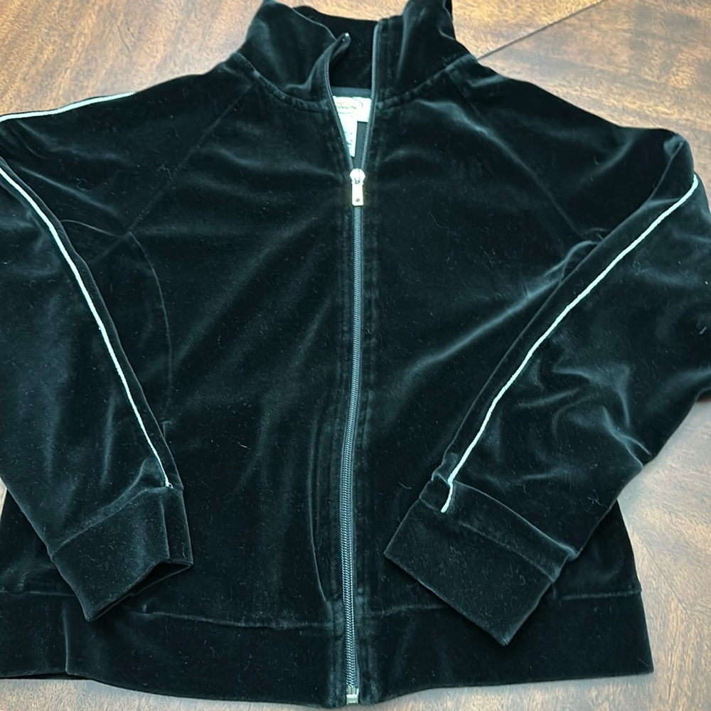 Talbots Black Silver Trim Velour Zip Jacket w/ Pockets Petites Small EC